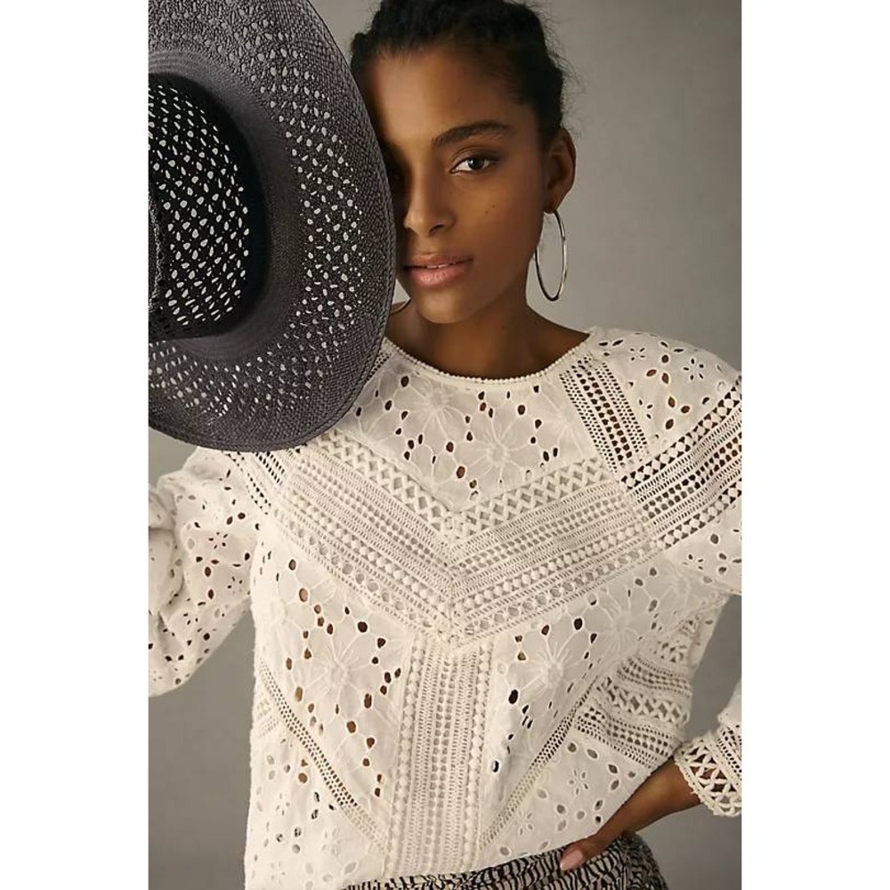 Anthropologie Eyelet Blouse Womens Large White Lace Balloon Sleeve Top